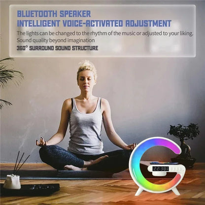 Wireless Charger Stand Pad RGB Light Alarm Clock Speaker For iPhone