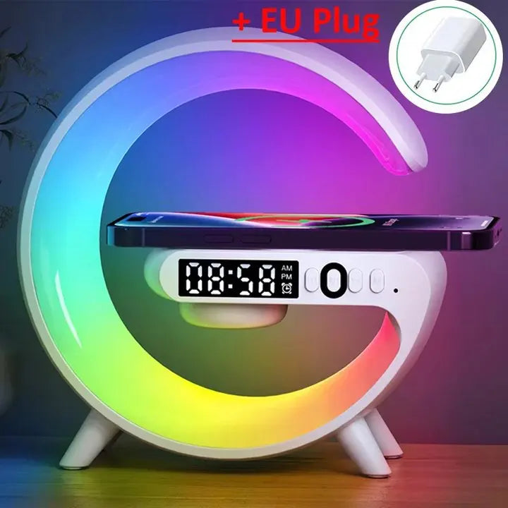 Wireless Charger Stand Pad RGB Light Alarm Clock Speaker For iPhone