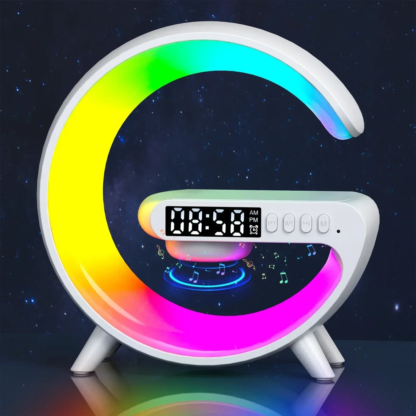 Wireless Charger Stand Pad RGB Light Alarm Clock Speaker For iPhone