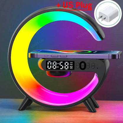 Wireless Charger Stand Pad RGB Light Alarm Clock Speaker For iPhone