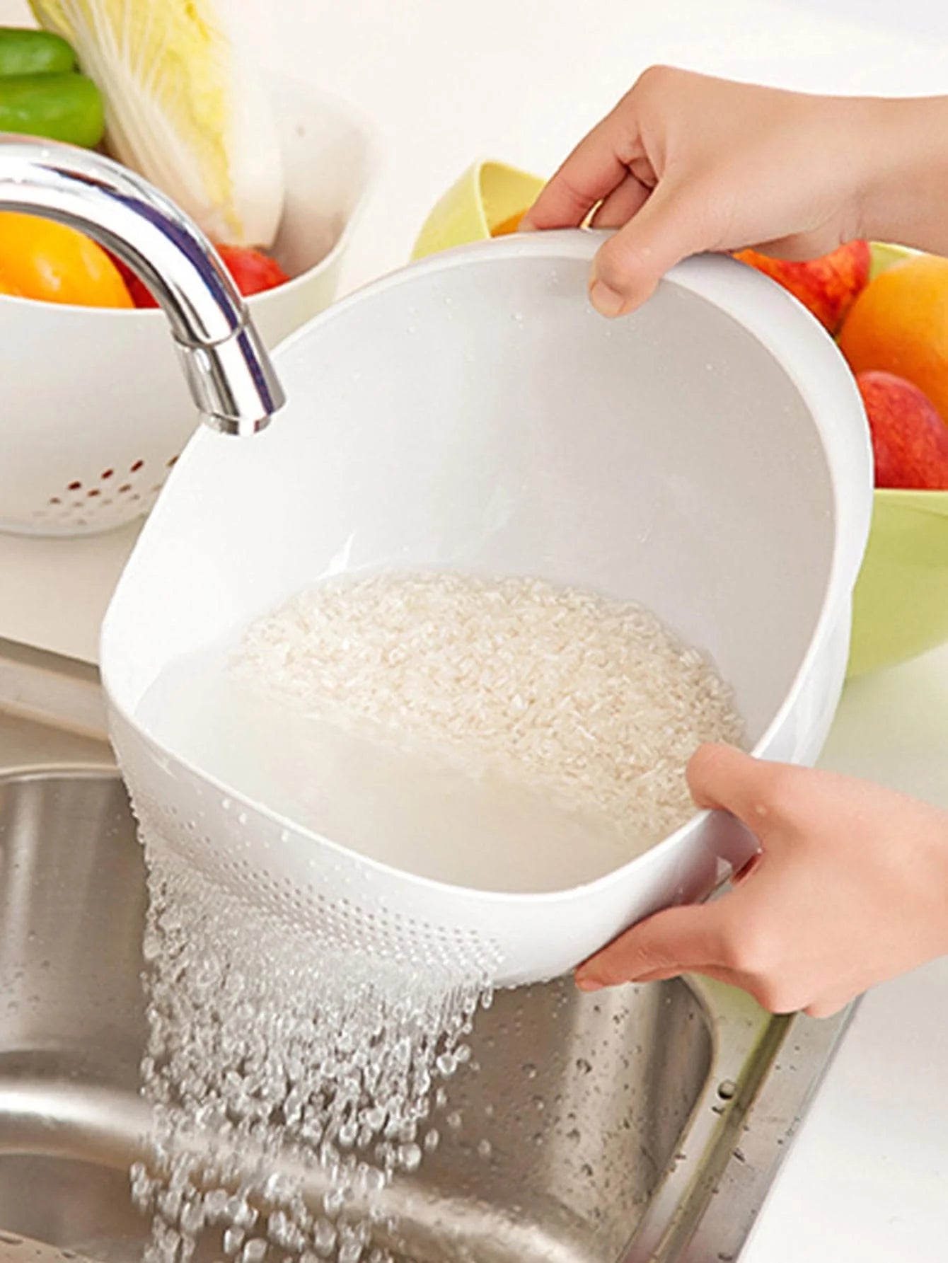 Rice Bowl Drain Basket Fruit Bowl Washing Drain Basket with Handle