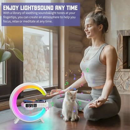 Wireless Charger Stand Pad RGB Light Alarm Clock Speaker For iPhone