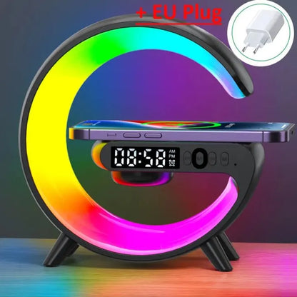 Wireless Charger Stand Pad RGB Light Alarm Clock Speaker For iPhone