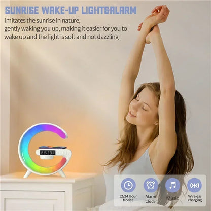 Wireless Charger Stand Pad RGB Light Alarm Clock Speaker For iPhone