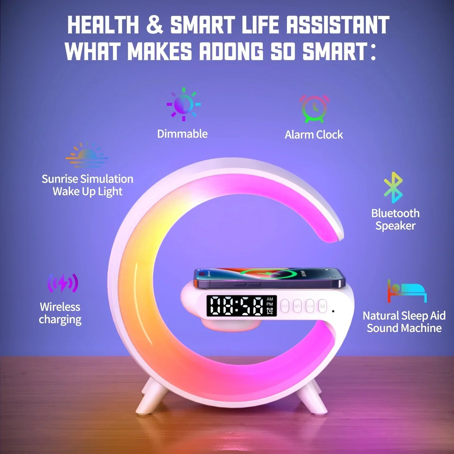 Wireless Charger Stand Pad RGB Light Alarm Clock Speaker For iPhone
