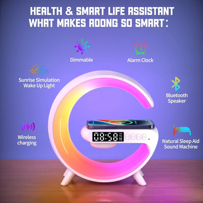 Wireless Charger Stand Pad RGB Light Alarm Clock Speaker For iPhone